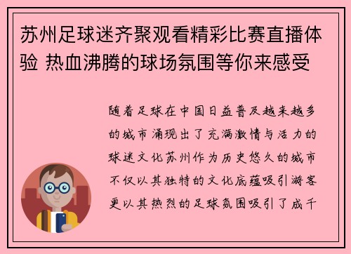 苏州足球迷齐聚观看精彩比赛直播体验 热血沸腾的球场氛围等你来感受